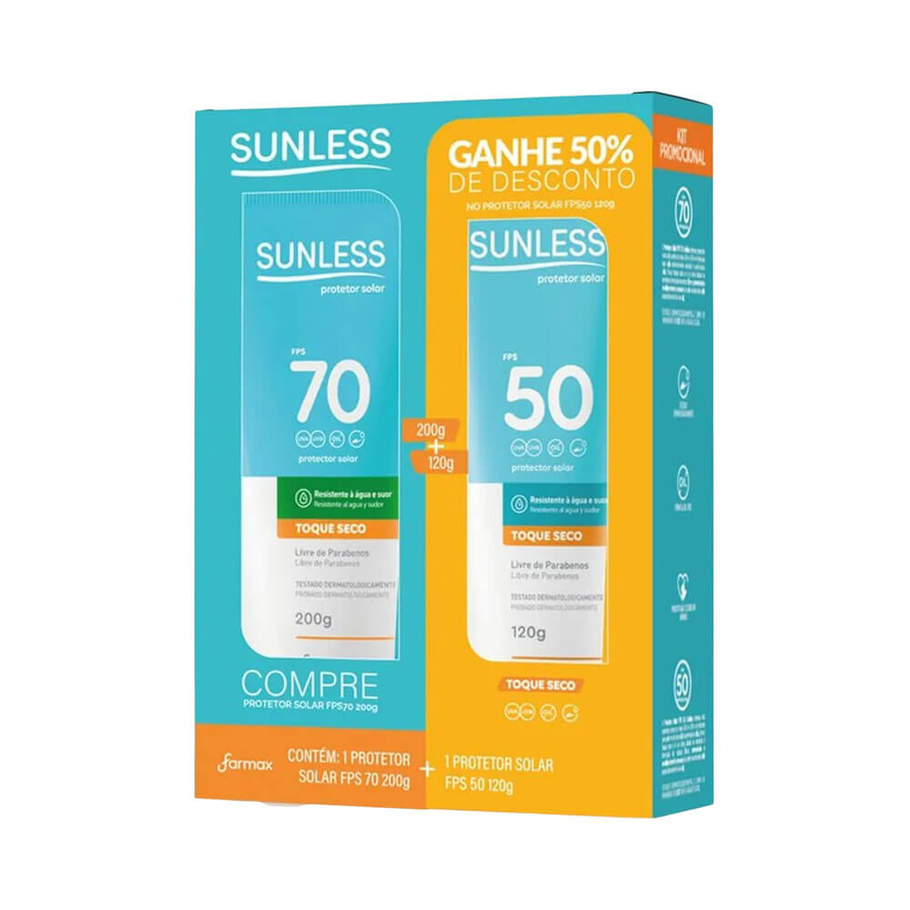 Kit Sunless Protetor Solar FPS 50 e FPS 70 com embalagem azul e laranja