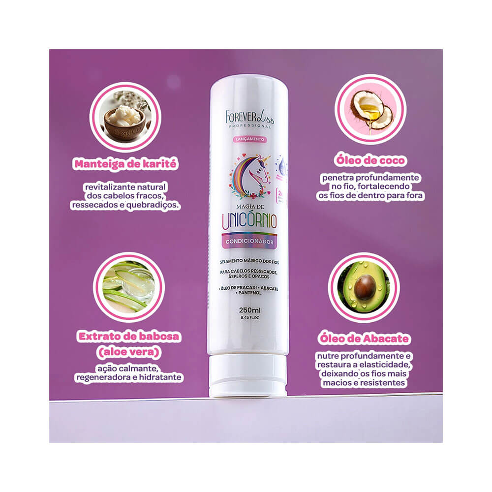 Condicionador Forever Liss Magia de Unicórnio 250ml com principais ingredientes destacados