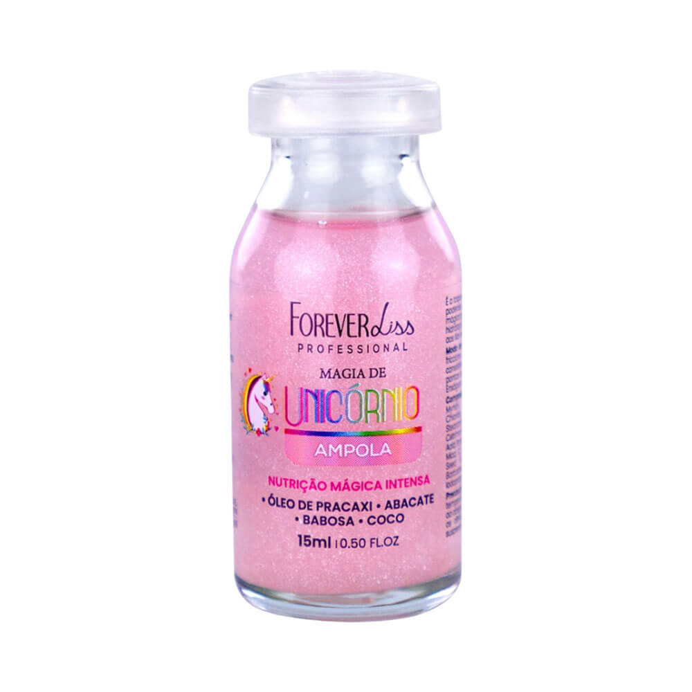 Ampola Forever Liss Magia de Unicórnio 15ml com líquido rosa cintilante em frasco transparente