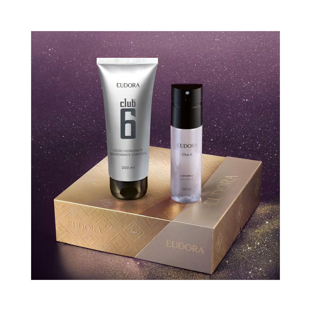 Kit Eudora Club 6 com body spray e loção corporal exibidos sobre caixa dourada