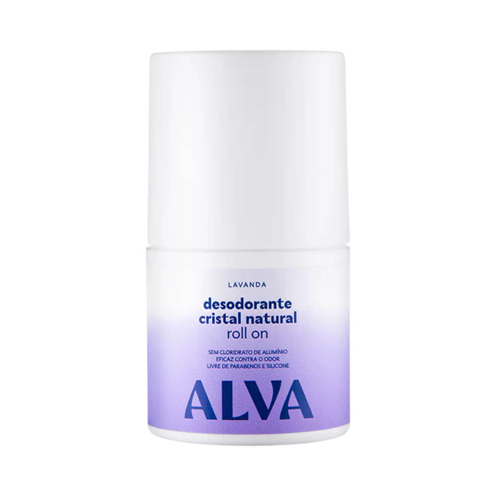 Desodorante roll-on Alva Cristal Natural Lavanda 50ml embalagem branca com degradê lilás