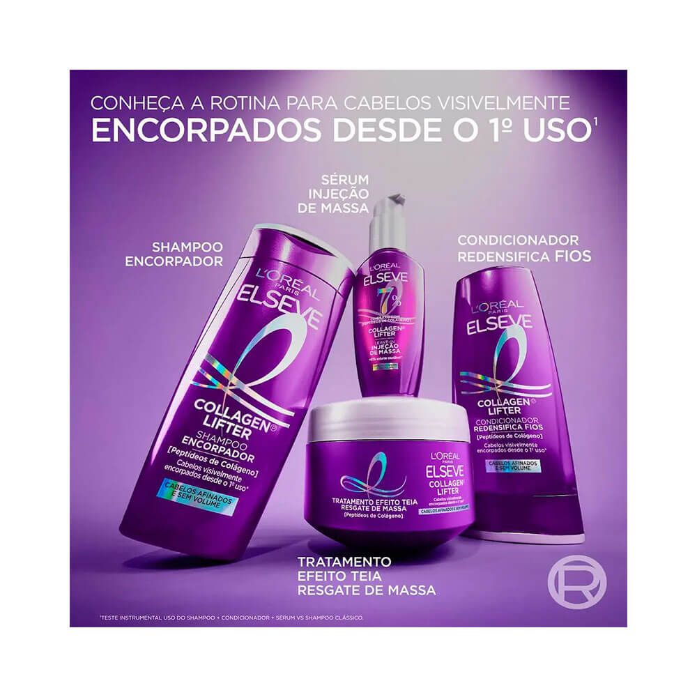 Linha Elseve Collagen Lifter com máscara, shampoo e condicionador em embalagens roxas