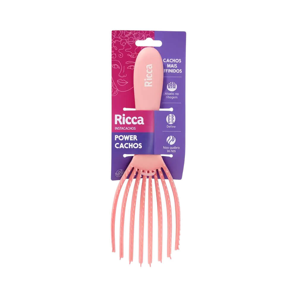 Escova Ricca Fitagem Power Cachos rosa claro na embalagem original destacando atributos para cachos