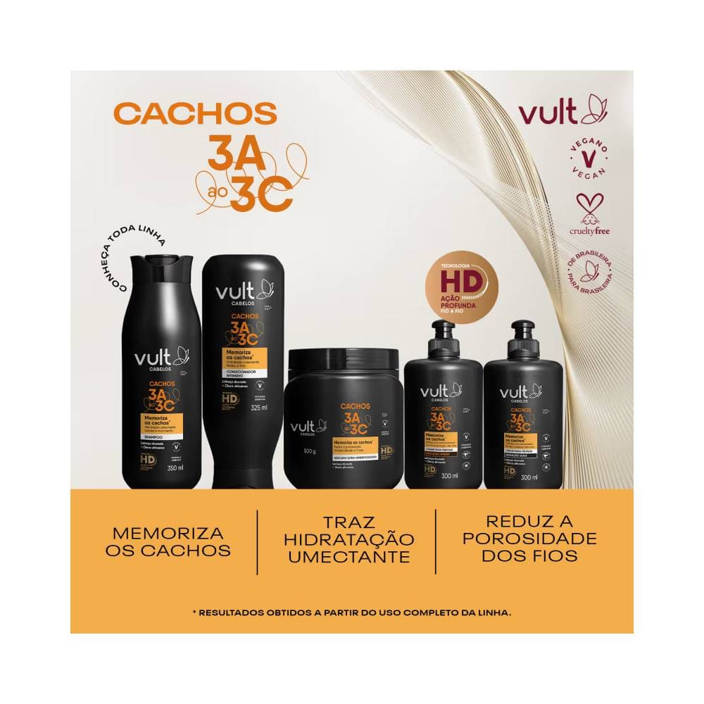 Imagem promocional da linha Vult Cachos 3A a 3C mostrando vários produtos da linha em embalagens pretas foscas.