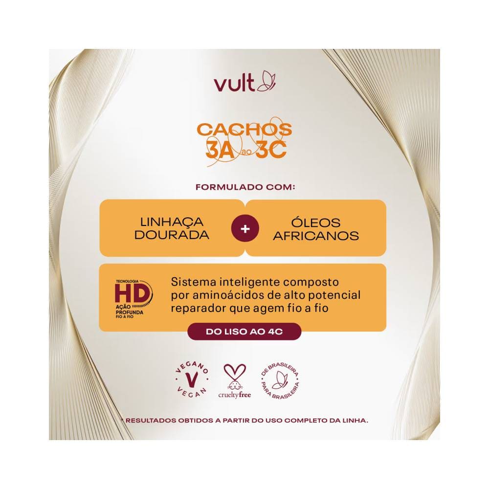 Imagem informativa da formulação do condicionador Vult com linhaça dourada e óleos africanos.