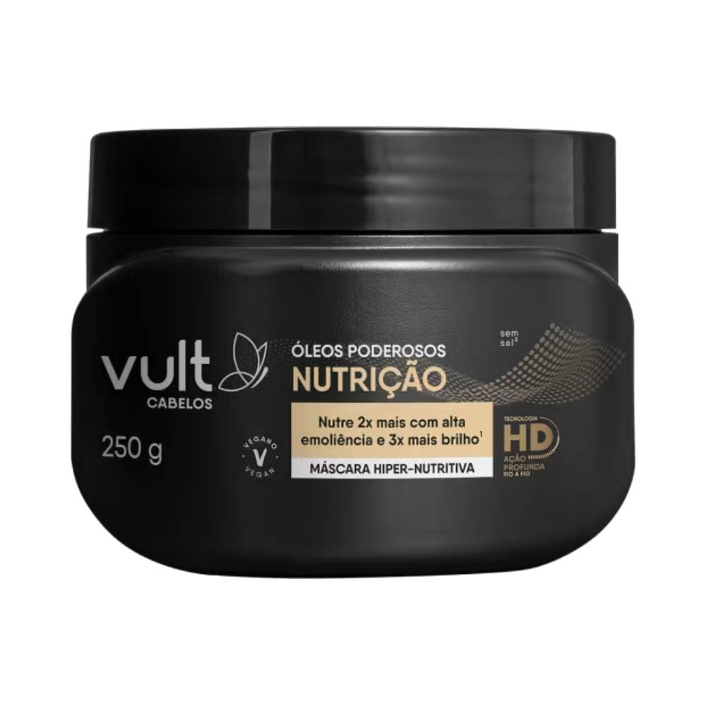 Máscara Hiper-Nutritiva Vult Óleos Poderosos Nutrição 250g em pote preto fosco com tampa preta brilhante