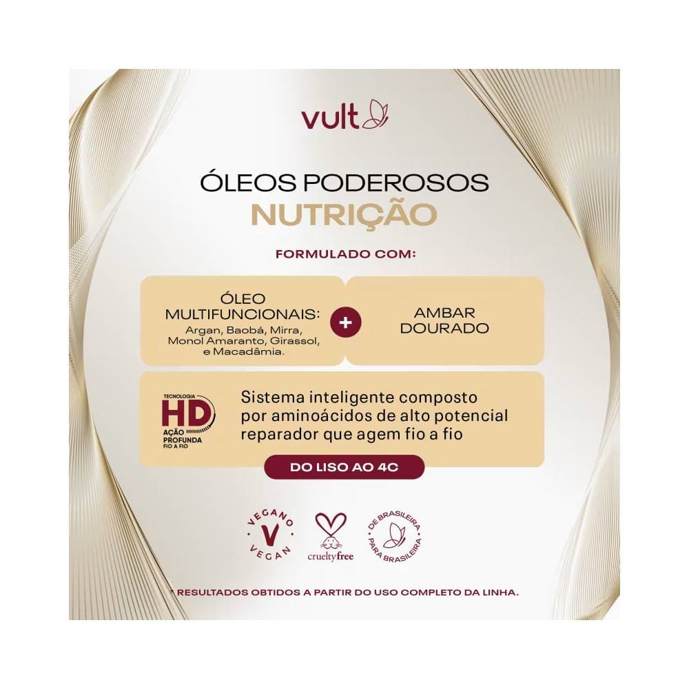 Detalhes da fórmula da Máscara Hiper-Nutritiva Vult com óleos multifuncionais e aminoácidos reparadores