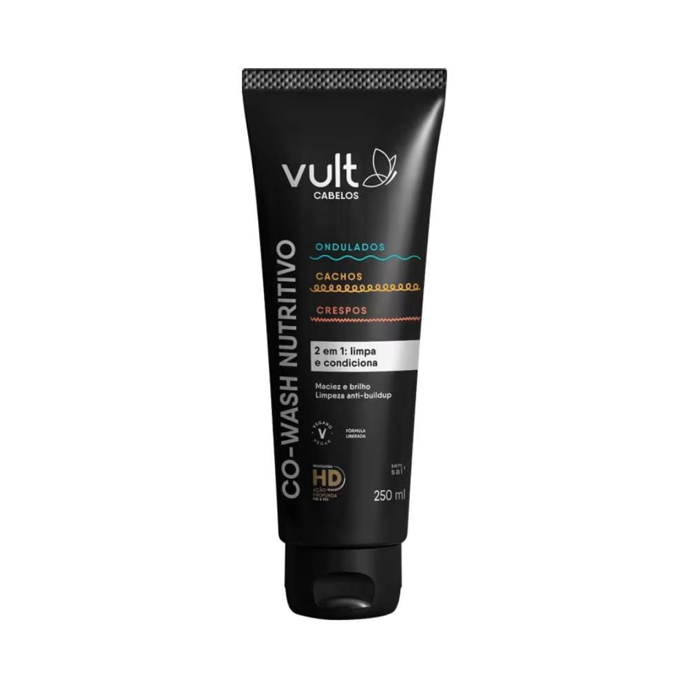 Co-Wash Nutritivo Vult para cabelos ondulados, cacheados e crespos, embalagem preta 250ml