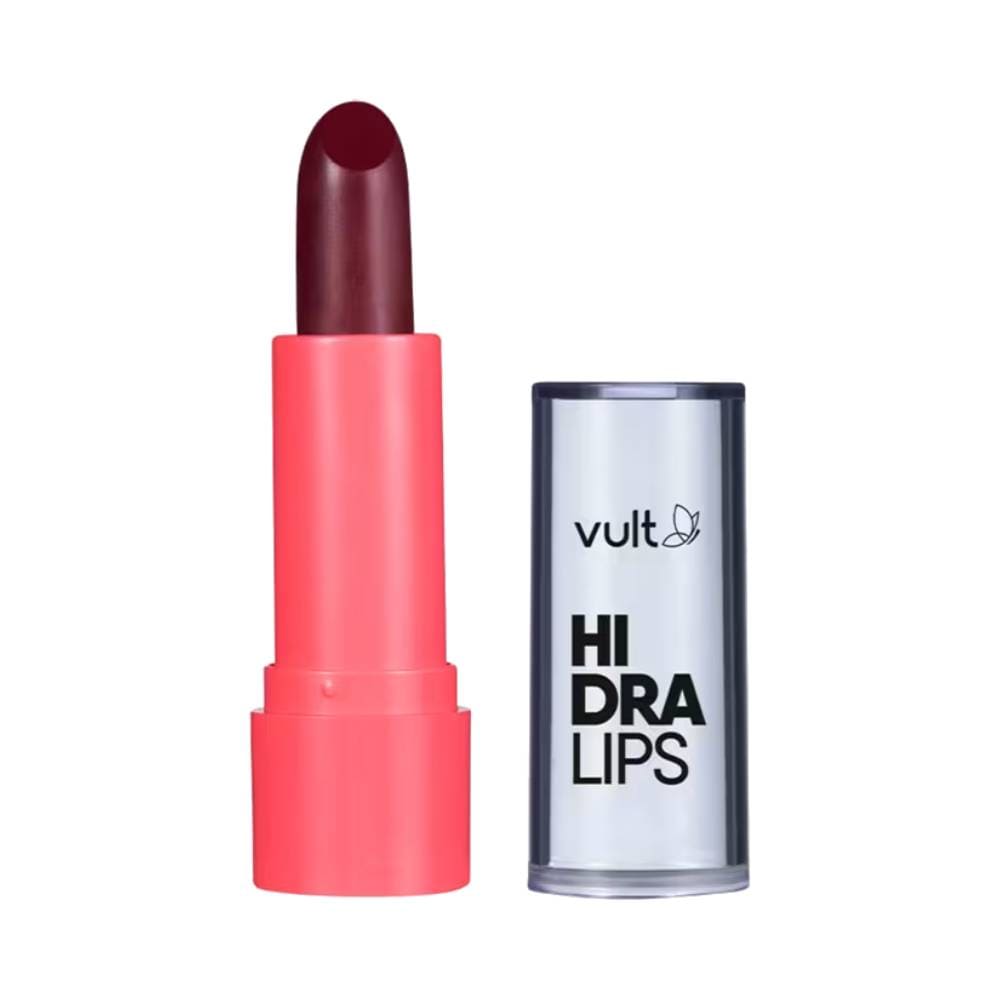 Batom cremoso Vult Hidra Lips na cor Vinho Intenso, embalagem rosa vibrante com tampa transparente