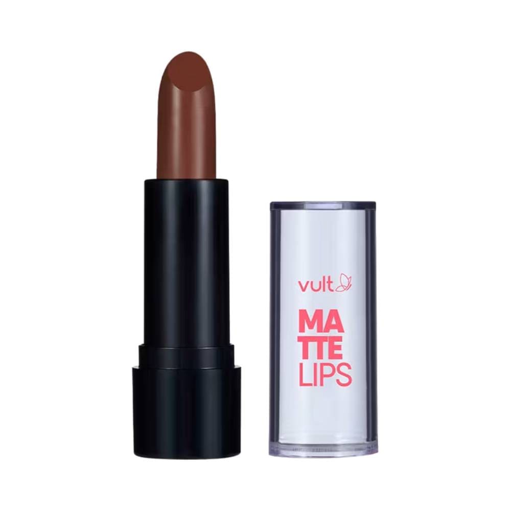 Batom Vult Matte Lips Marrom Chocolate aberto mostrando a ponta tradicional em fundo branco