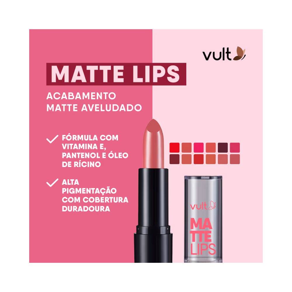 Batom Vult Matte Lips Rosa Paixão com destaque para fórmula hidratante e alta pigmentação, fundo rosa com paleta de cores.
