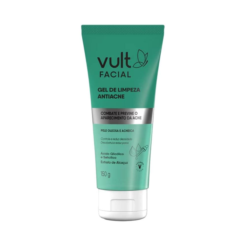 Gel de Limpeza Facial Vult Antiacne 150g em bisnaga verde com tampa branca