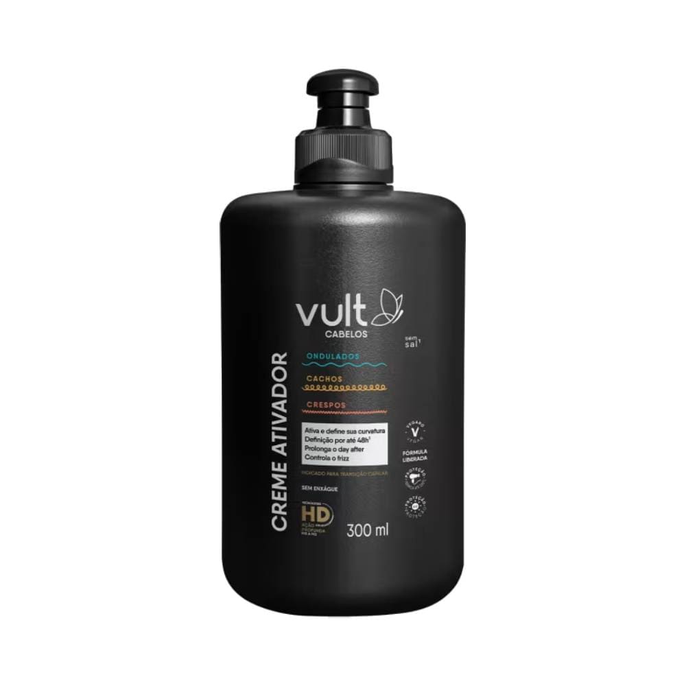 Frasco preto fosco do Creme Ativador Vult para cabelos ondulados, cacheados e crespos, 300ml