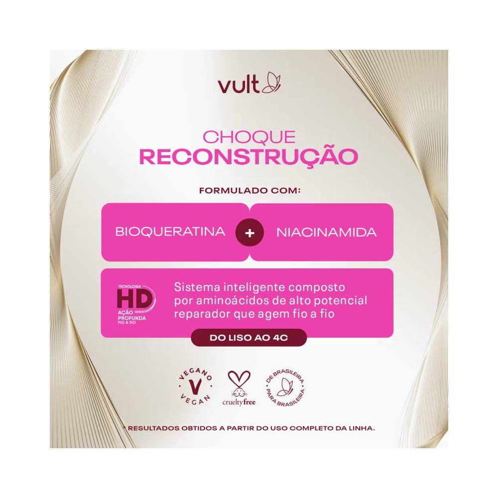 Imagem da fórmula do Shampoo Vult Choque de Reconstrução com ingredientes e selos