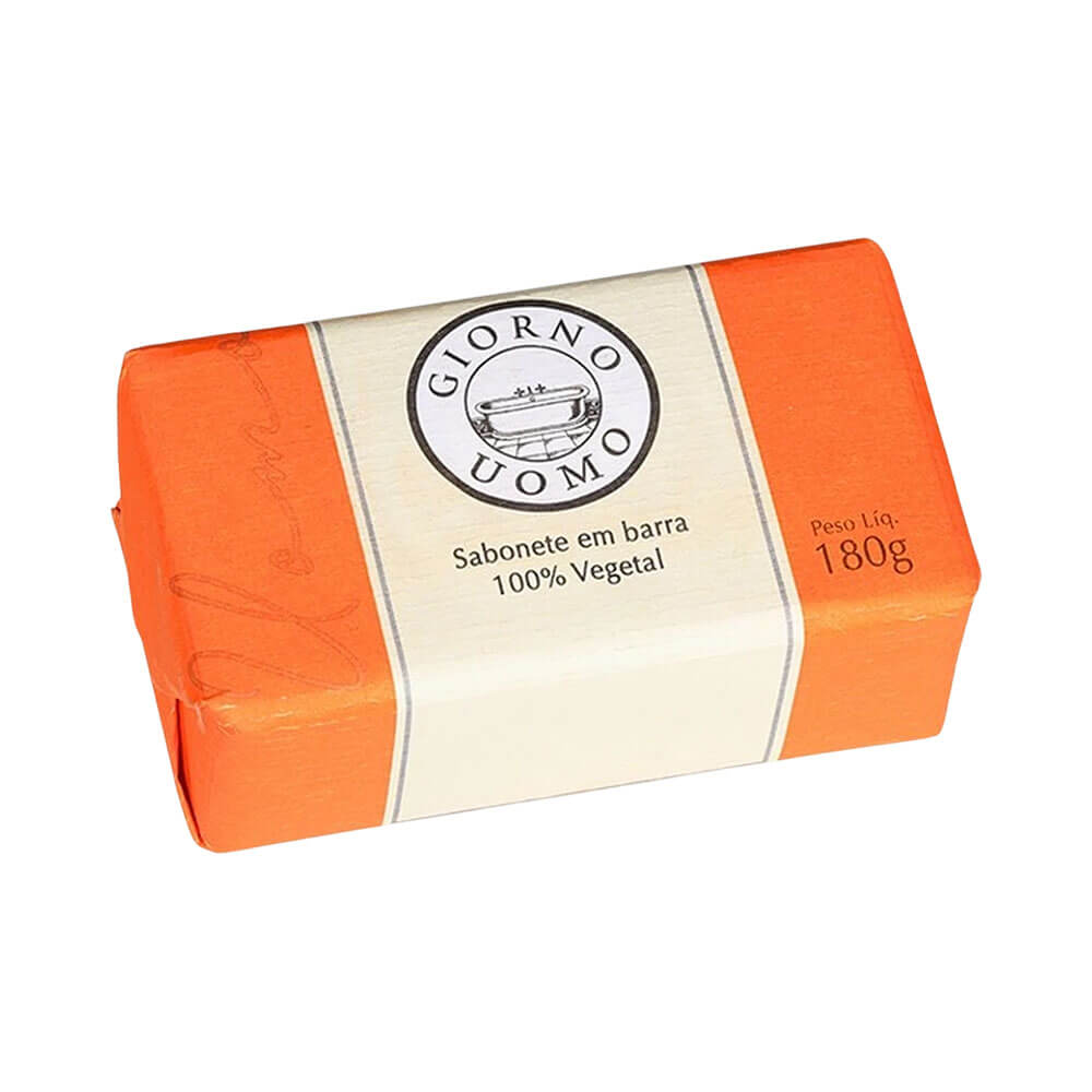 Sabonete Giorno Bagno Uomo Laranja em barra com embalagem laranja e faixa branca, visual limpo e masculino