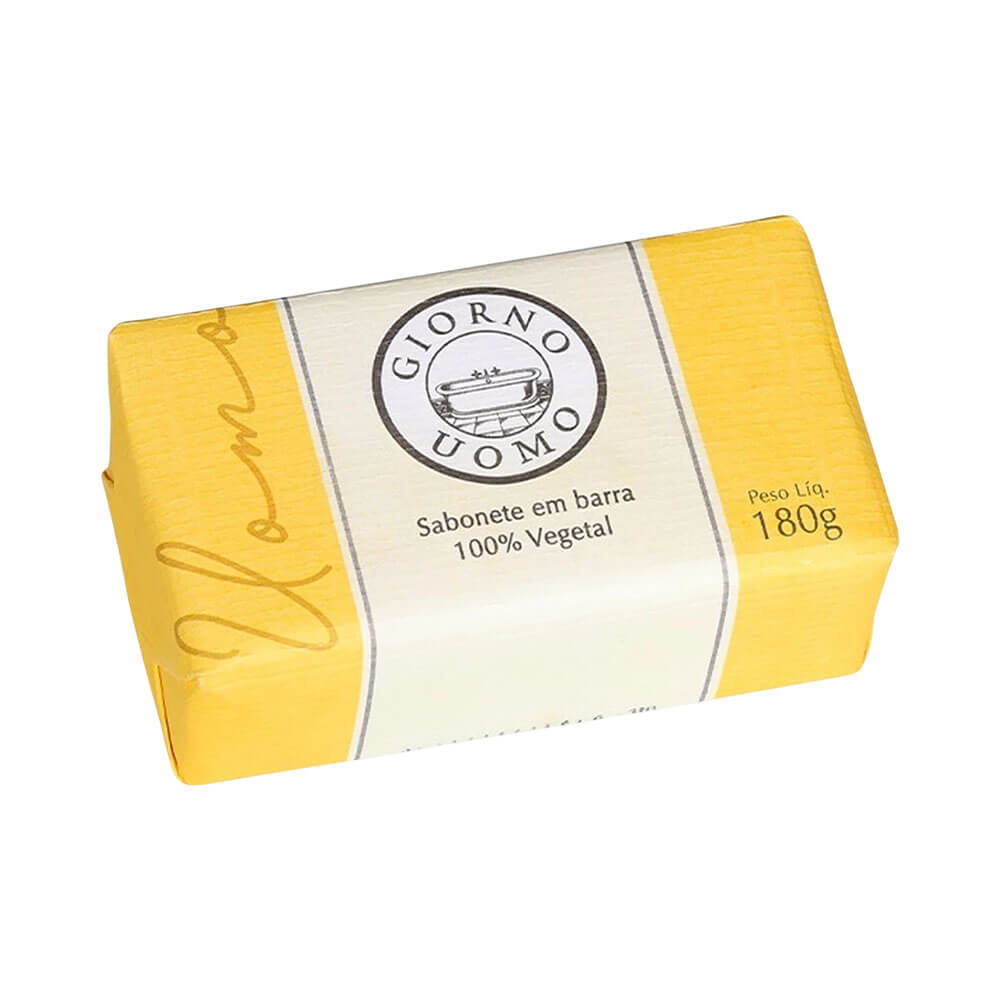 Sabonete Giorno Bagno Uomo em barra com embalagem amarela e faixa branca central