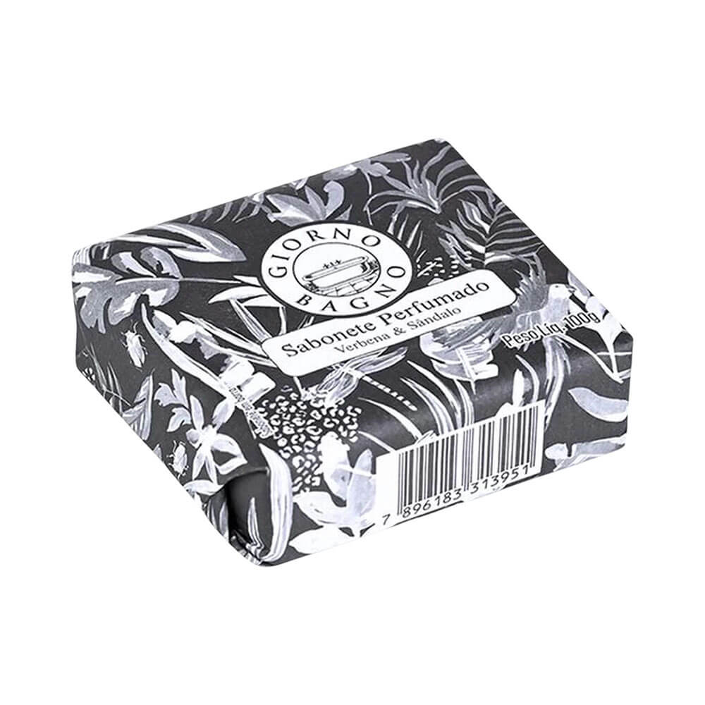 Sabonete Giorno Bagno Verbena e Sândalo 100g embalado com estampa floral preta e branca