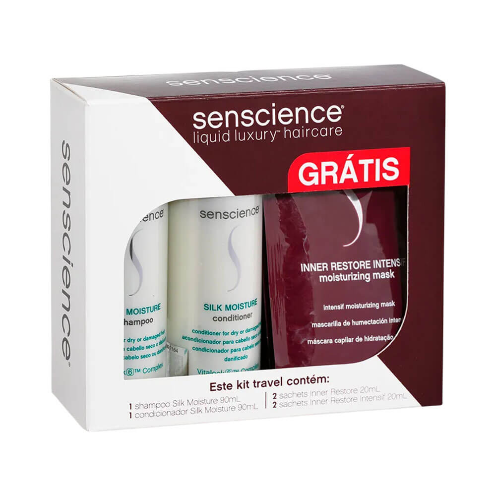 Travel Kit Senscience Silk Moisture e Sachês Inner Restore 260ml em embalagem branca e vinho