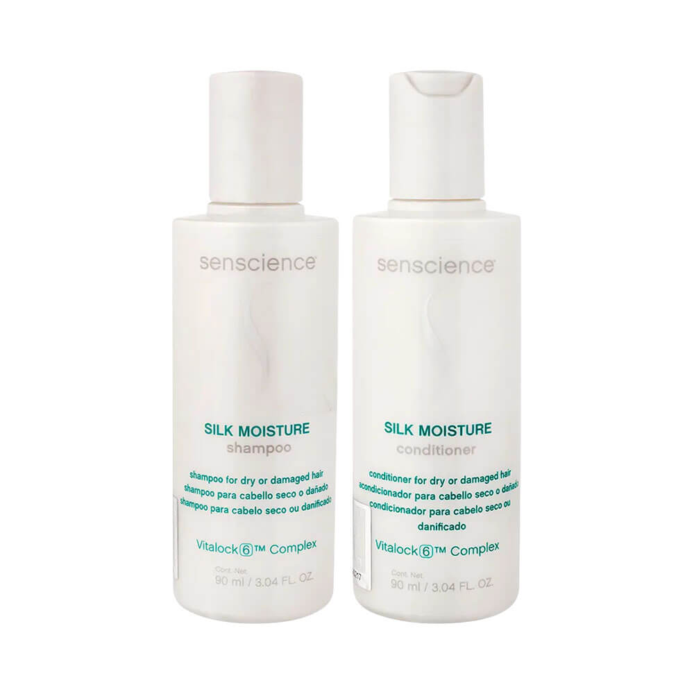 Frascos do shampoo e condicionador Senscience Silk Moisture 90ml