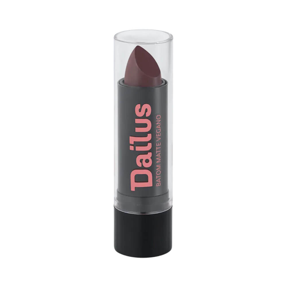 Batom Dailus Matte Vegano Debochada embalagem preta com tampa transparente e logo rosa