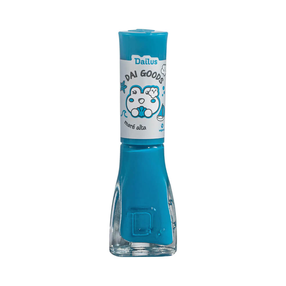 Frasco de esmalte Dailus Dai Goods Maré Alta azul vibrante com tampa azul e rótulo branco com ilustração de urso.