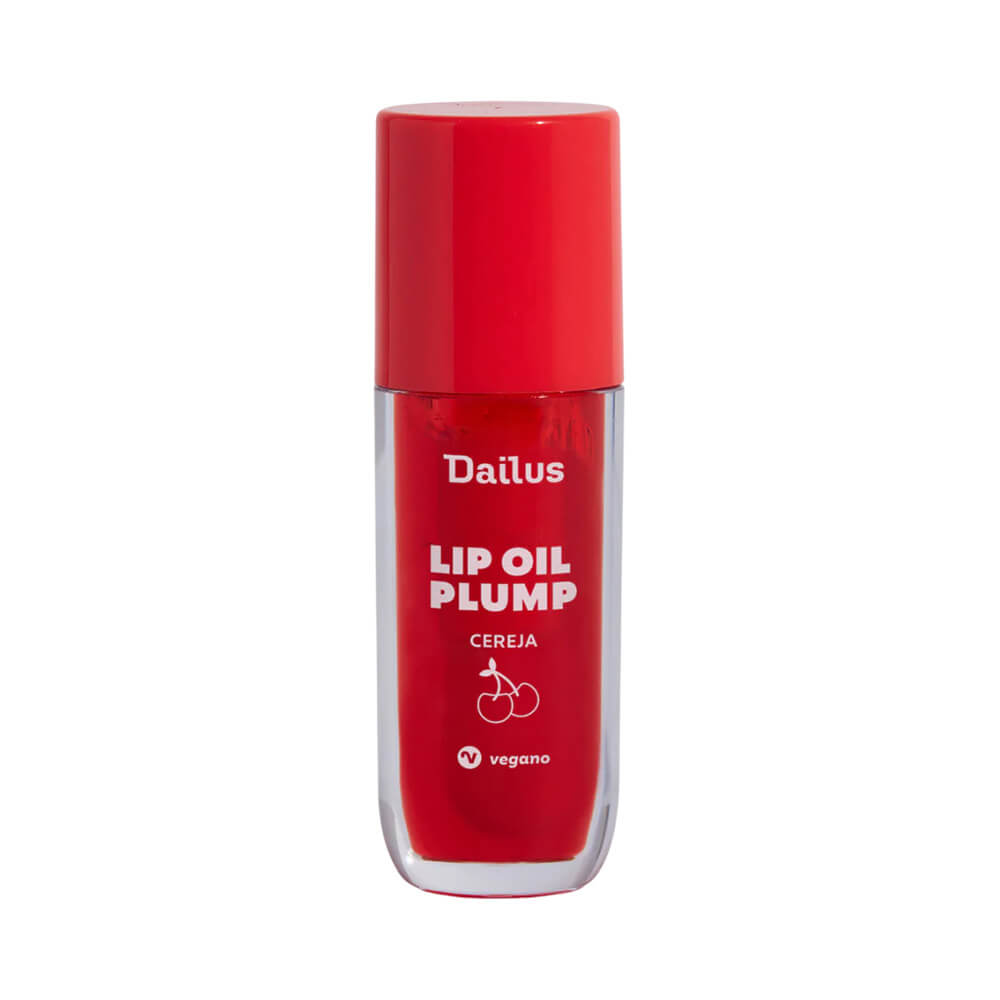 Lip Oil Dailus Cereja em frasco transparente com tampa vermelha mostrando produto brilhante