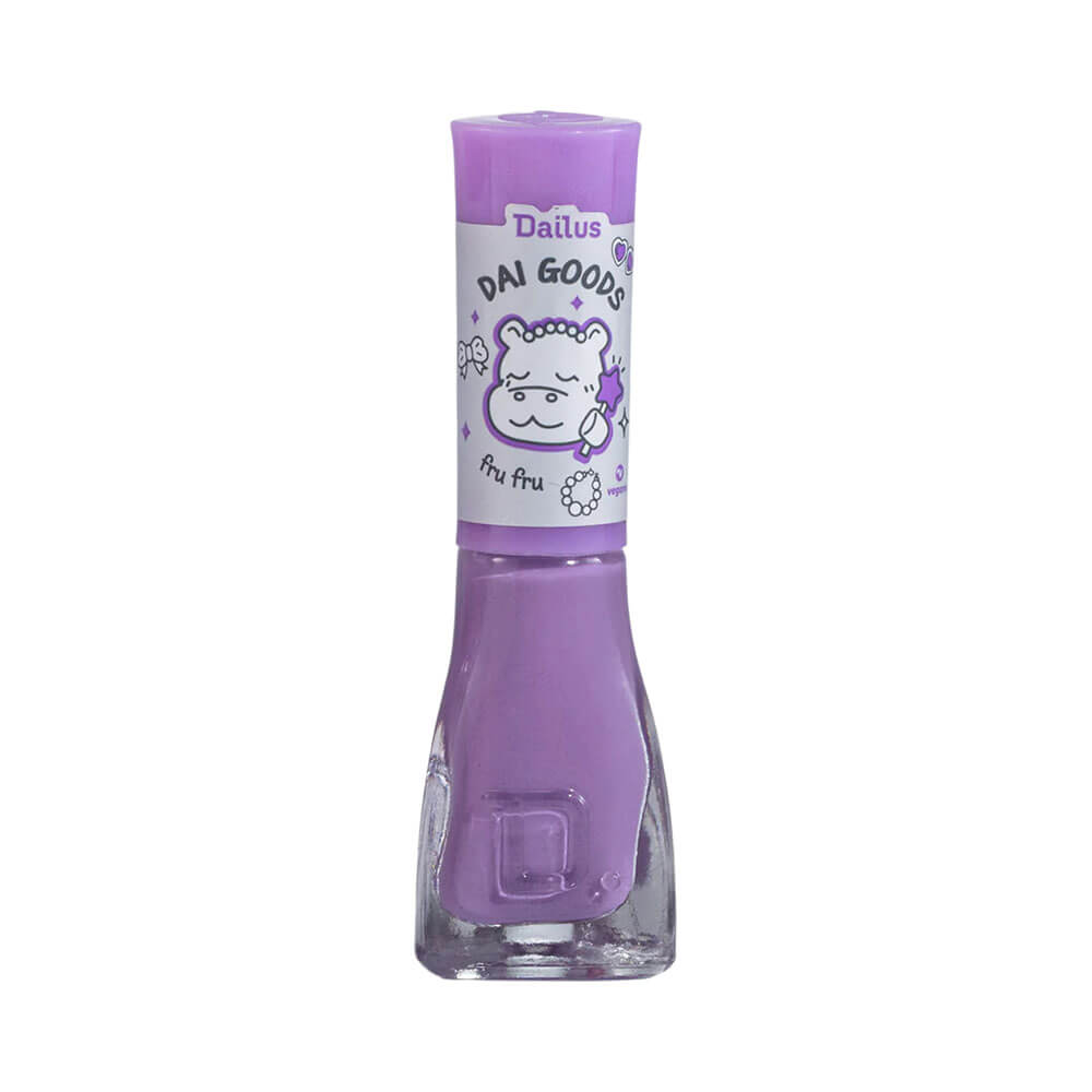 Frasco de esmalte Dailus Dai Goods Fru Fru tom lilás com ilustração de personagem branco e roxo