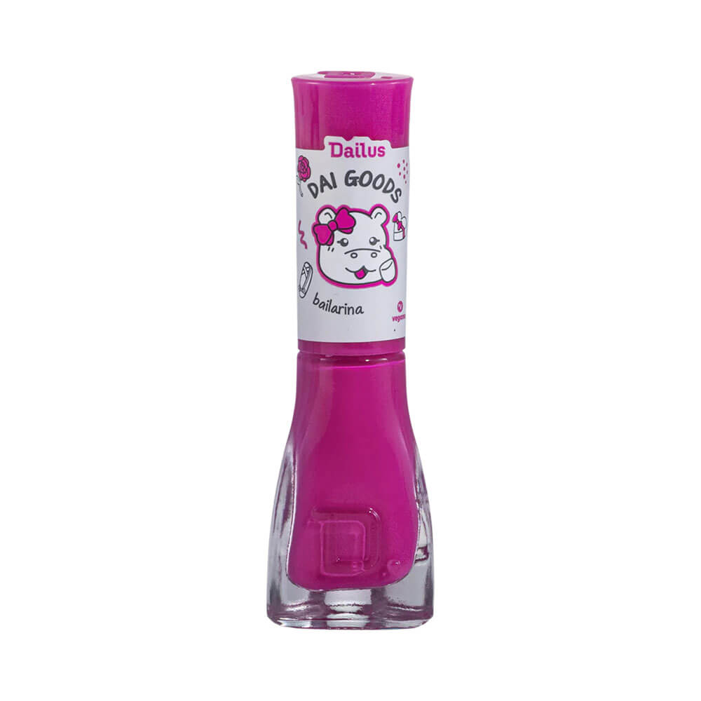 Frasco de esmalte Dailus Dai Goods Bailarina rosa vibrante com tampa rosa e rótulo branco com ilustração de gato.