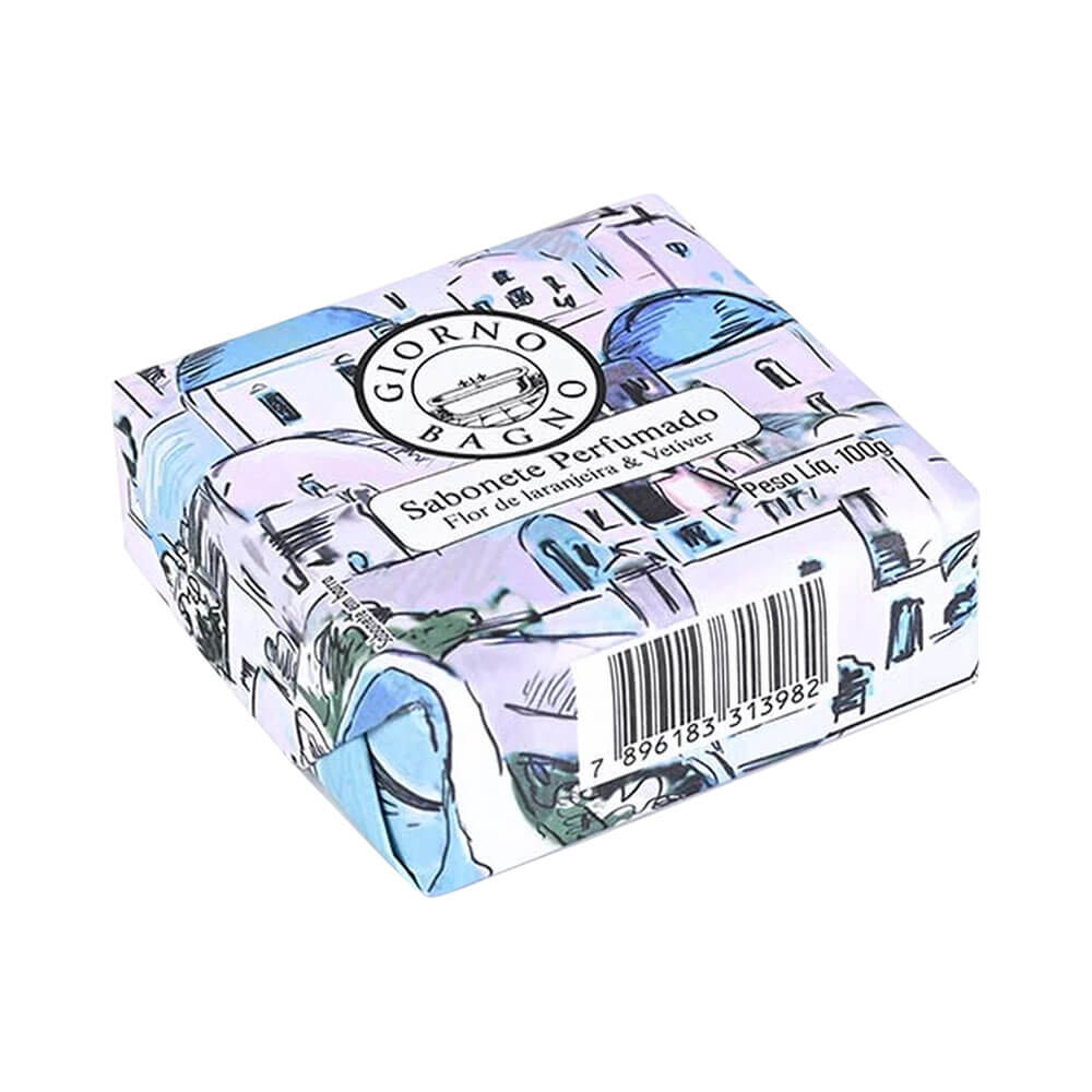 Sabonete Giorno Bagno Flor de Laranjeira e Vetiver 100g embalagem com ilustração suave em tons pastel