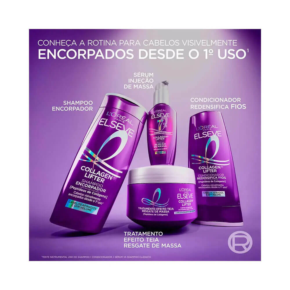 Imagem promocional da linha Elseve Collagen Lifter com shampoo e outros produtos