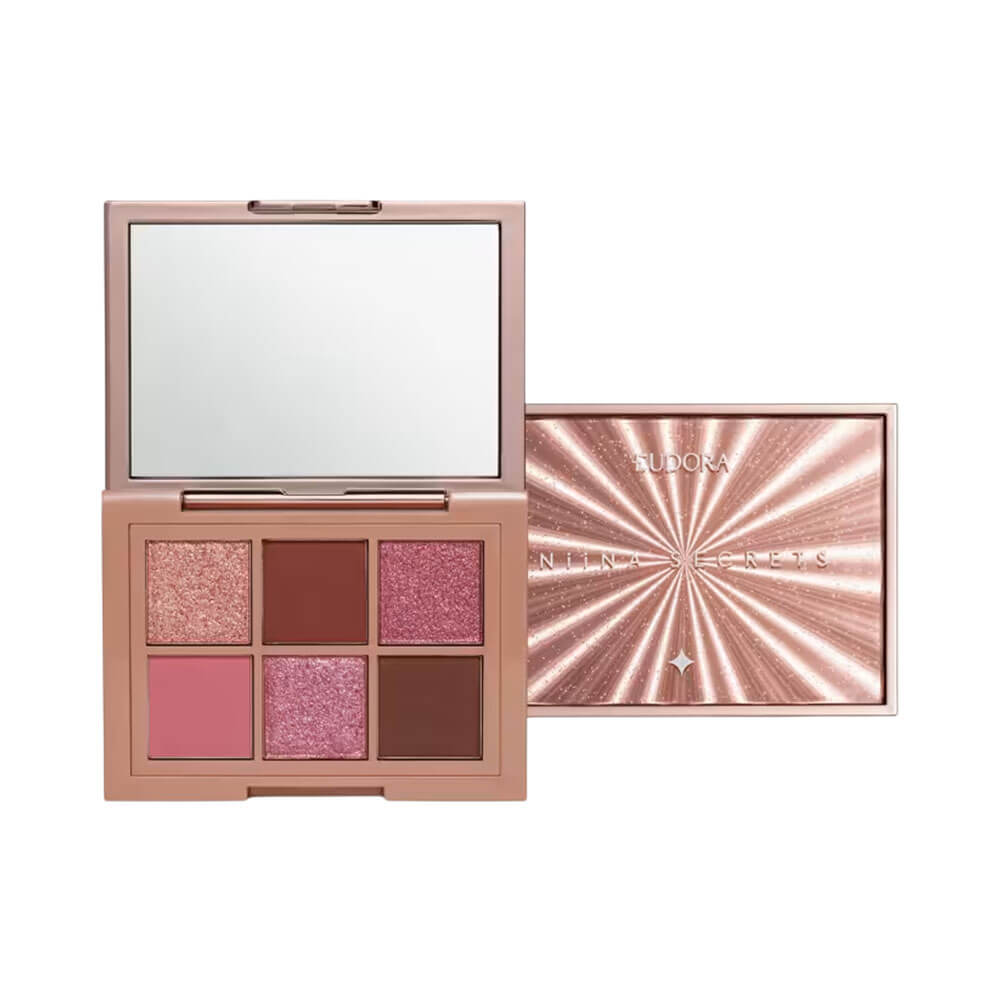 Paleta de Sombras Niina Secrets Rosé Shine aberta mostrando cores rosa e marrom com espelho embutido
