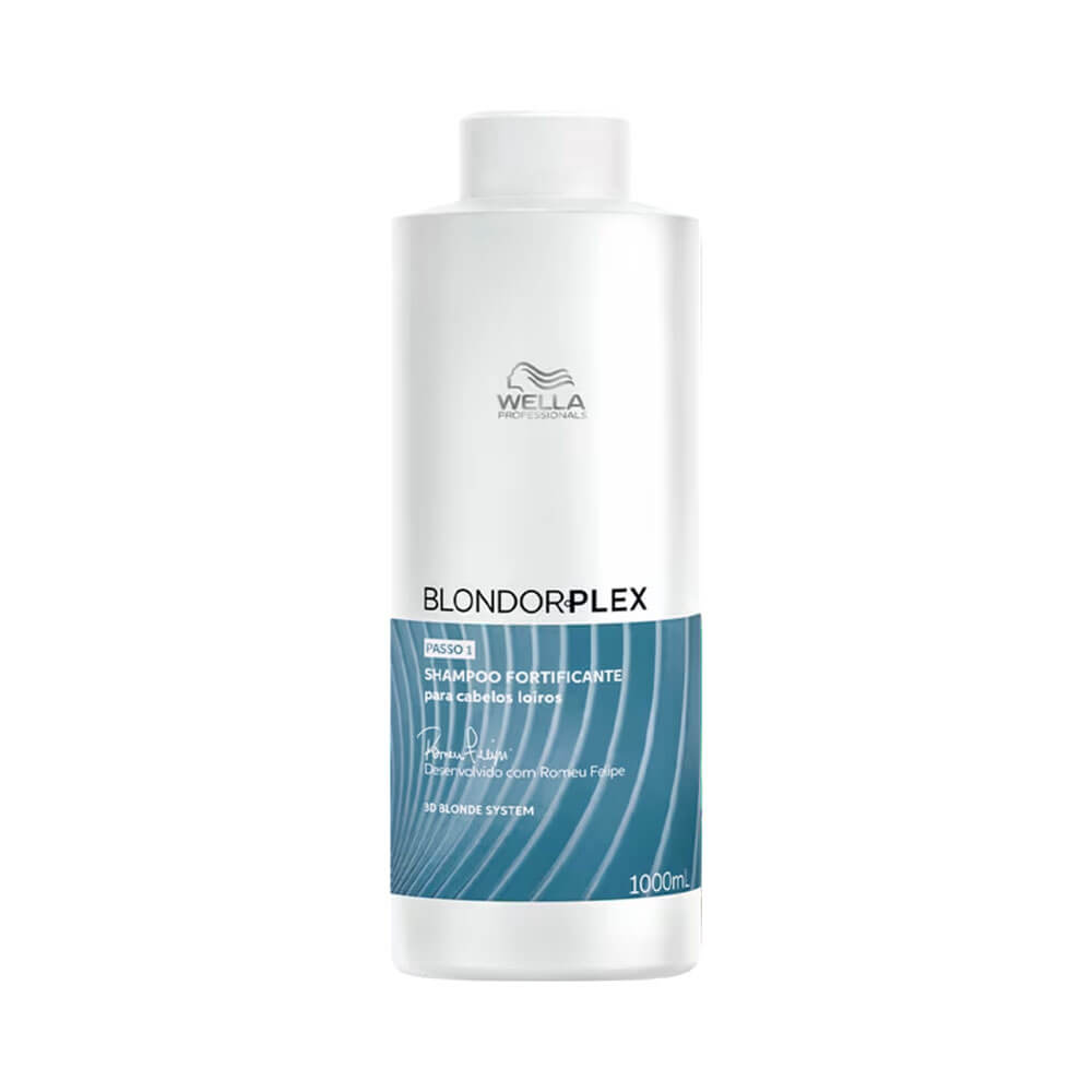 Frasco de shampoo fortificante Wella Blondorplex, 1L, com fundo branco, mostrando apenas a tampa branca.