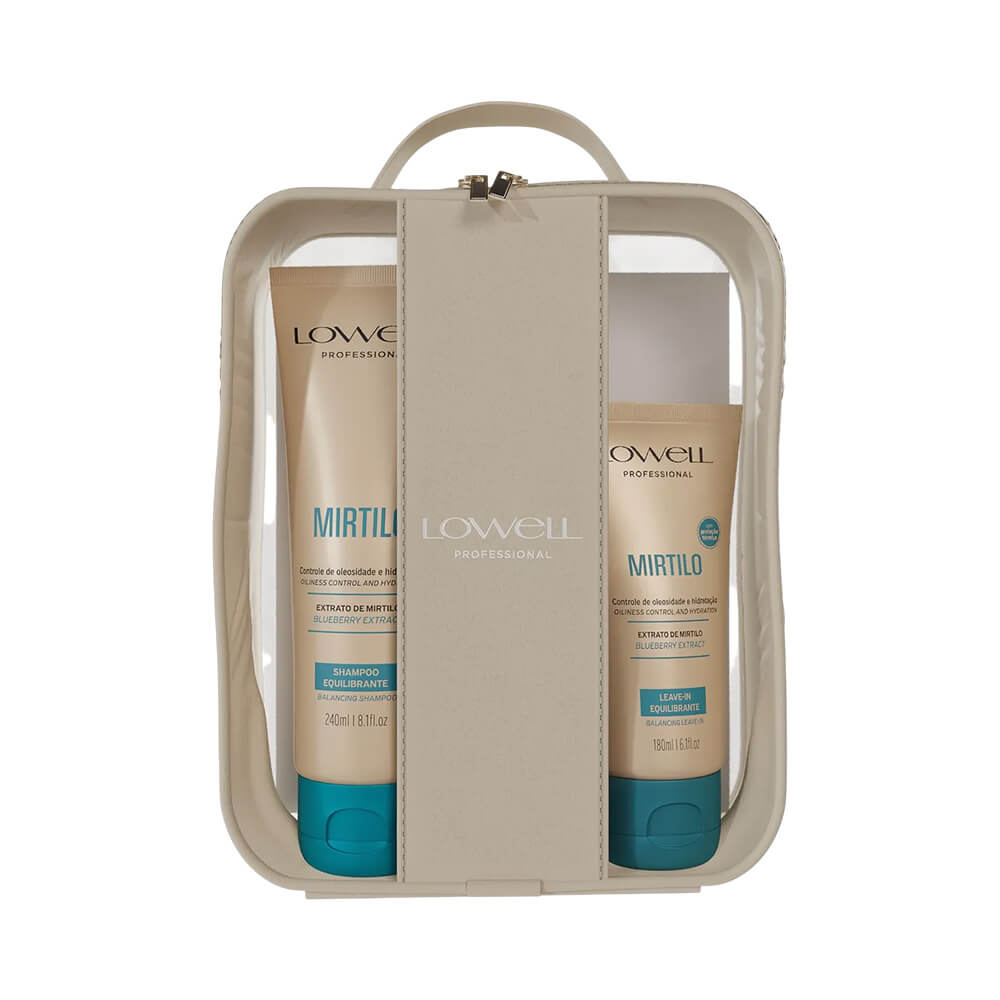 Produtos Lowell Mirtilo Equilibrante dentro da necessaire bege aberta