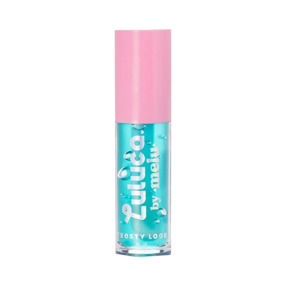 Lip Oil Melu Luluca Frosty Look em embalagem transparente com líquido azul turquesa e tampa rosa