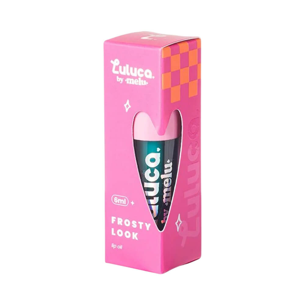 Caixa rosa do Lip Oil Melu Luluca Frosty Look com frasco azul turquesa