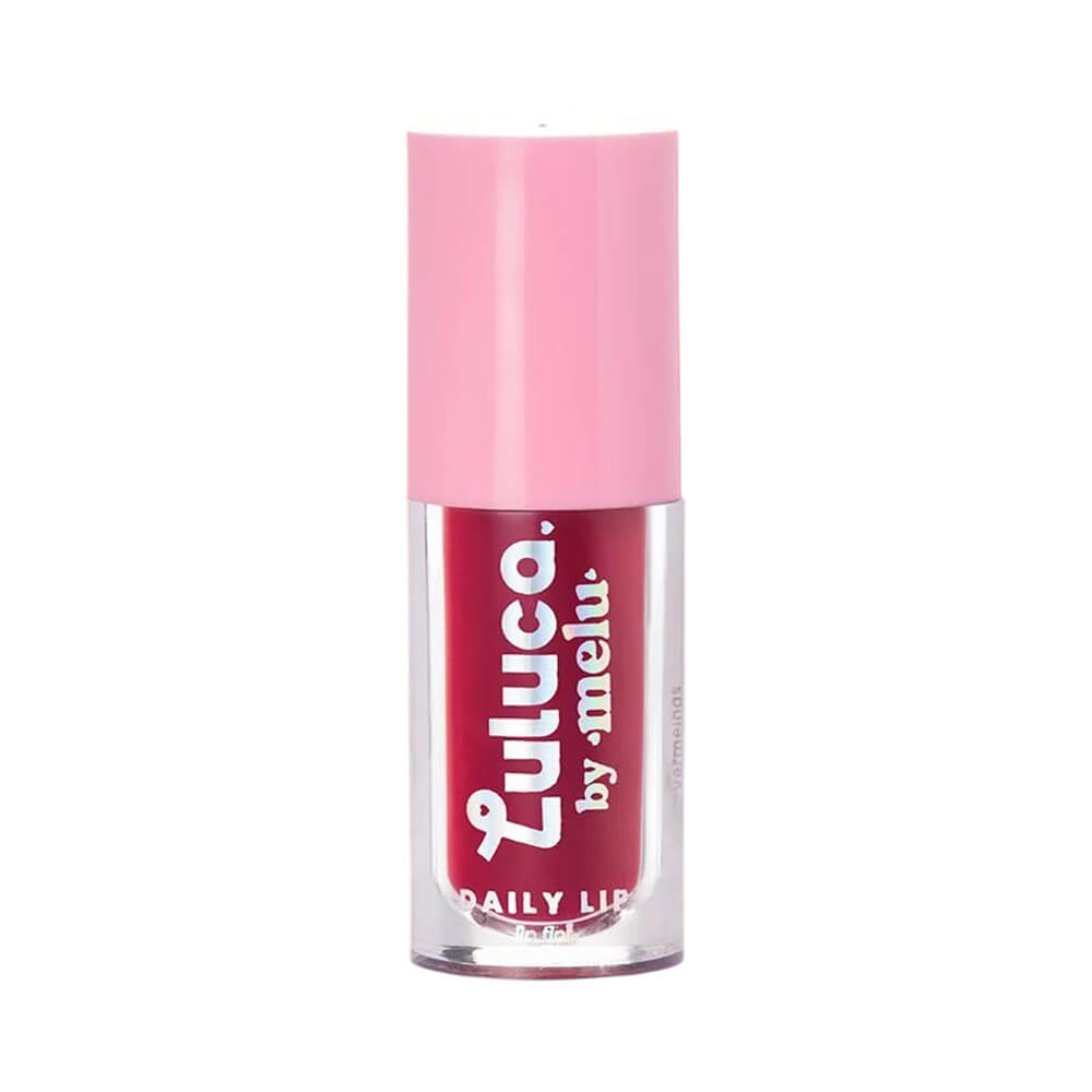 Lip Tint Melu Luluca Daily Vivid Violet em embalagem transparente com tampa rosa clara
