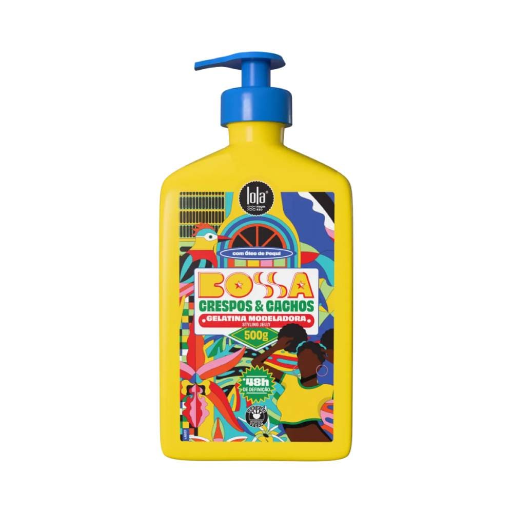 Frasco amarelo com tampa azul da Gelatina Modeladora Lola Bossa para Crespos e Cachos 500g