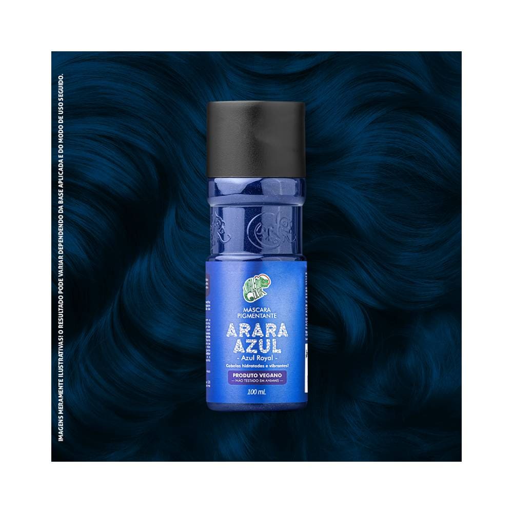 Frasco da Máscara Pigmentante Kamaleão Color Arara Azul sobre fundo com textura de fios azul escuro