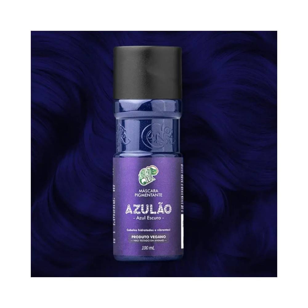 Frasco da Máscara Pigmentante Kamaleão Color Azulão 100ml em destaque com fundo azul escuro texturizado