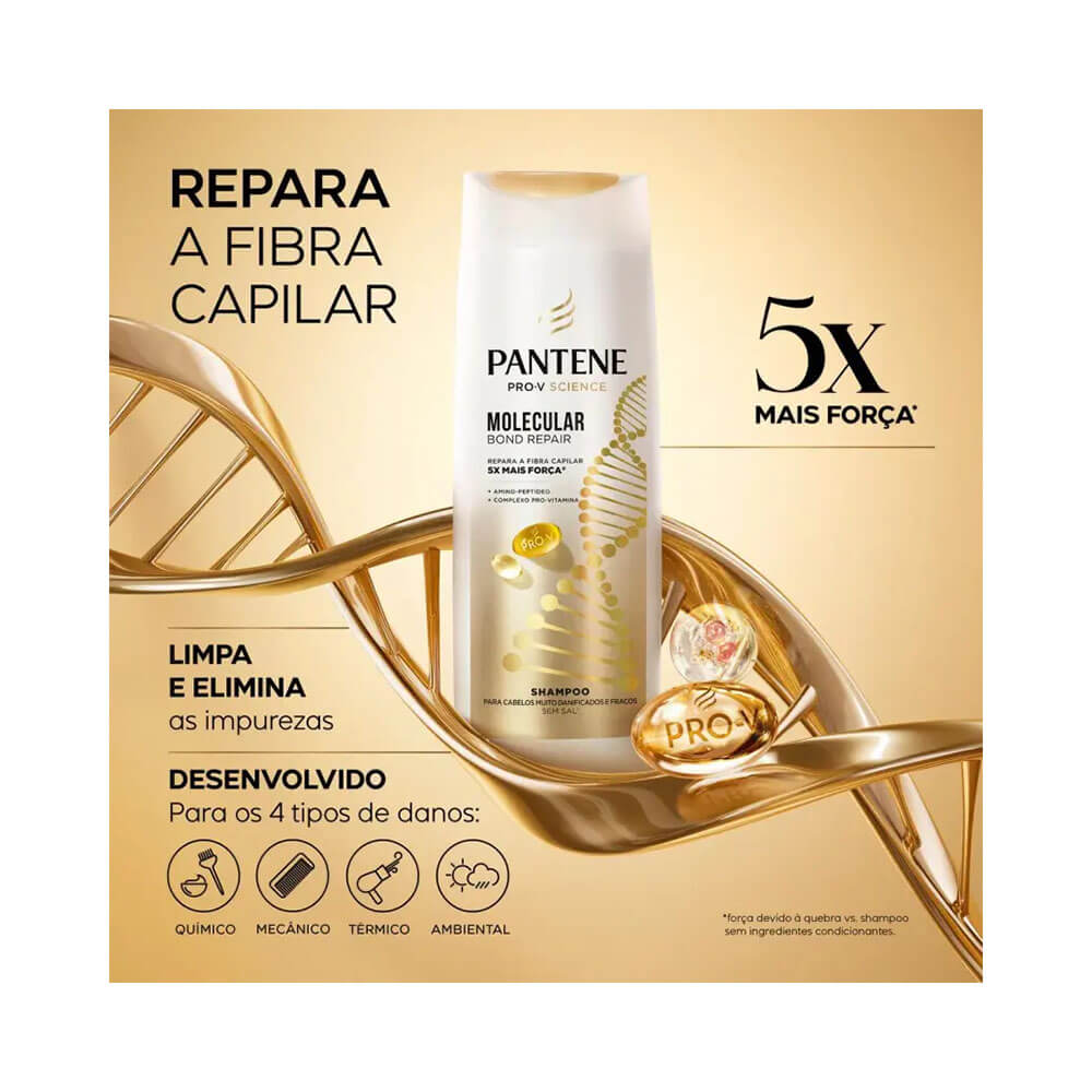 Shampoo Pantene Molecular Bond Repair 300ml em fundo dourado com destaque para reparo da fibra capilar.