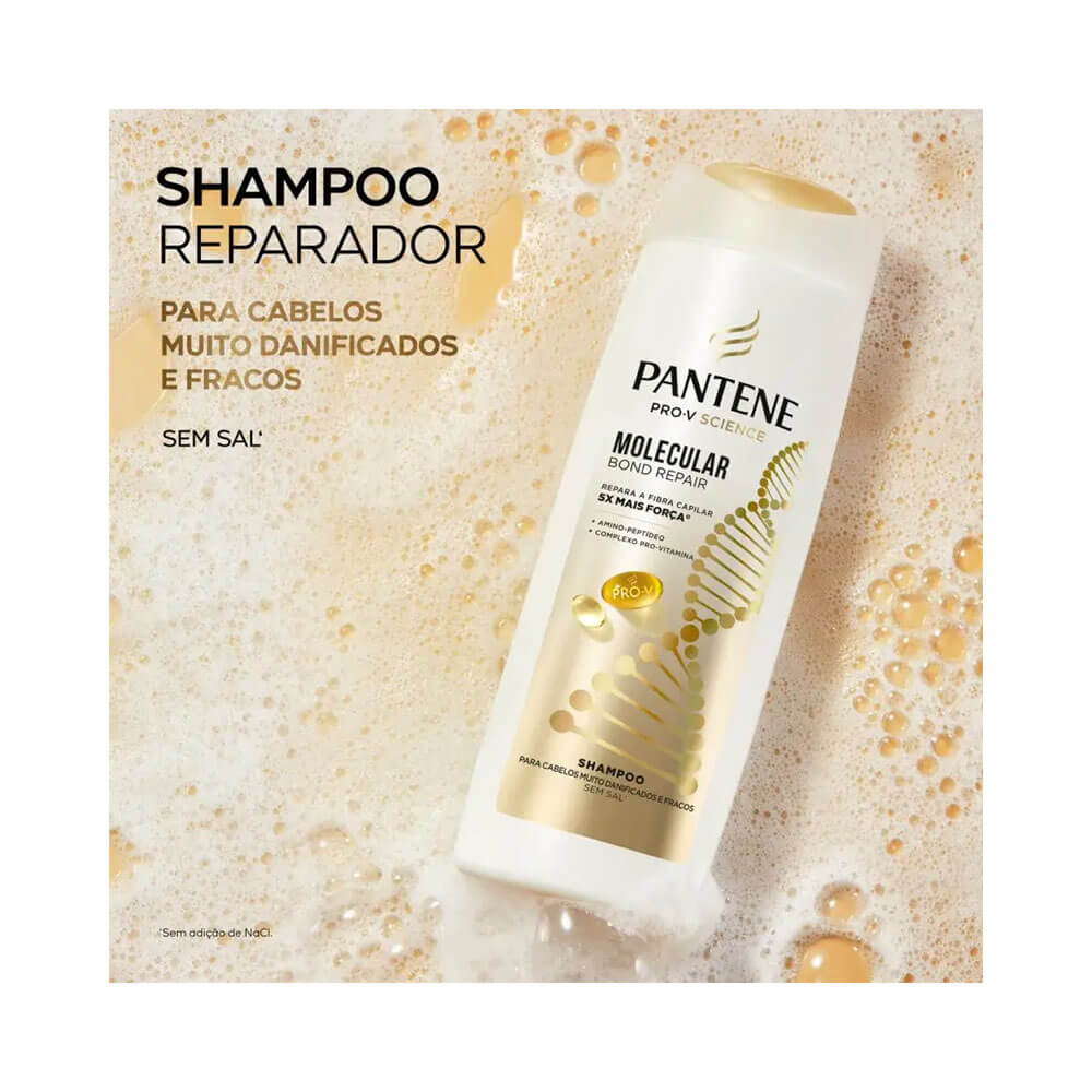 Frasco do Shampoo Pantene Molecular Bond Repair 300ml sobre espuma com fundo dourado.