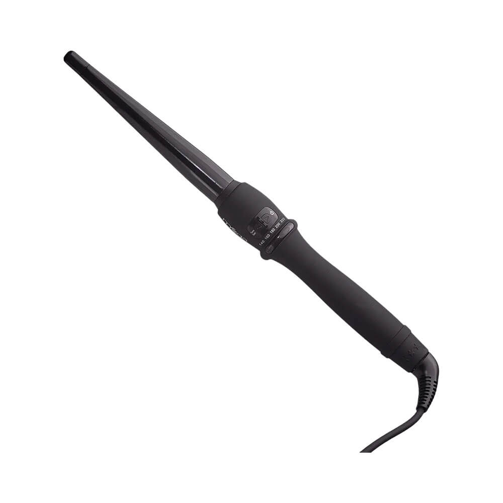 Modelador Mega Cone Black Bivolt da marca Mega, totalmente preto, com cabo ergonômico e controle de temperatura, mostrado em um ângulo frontal contra um fundo branco.