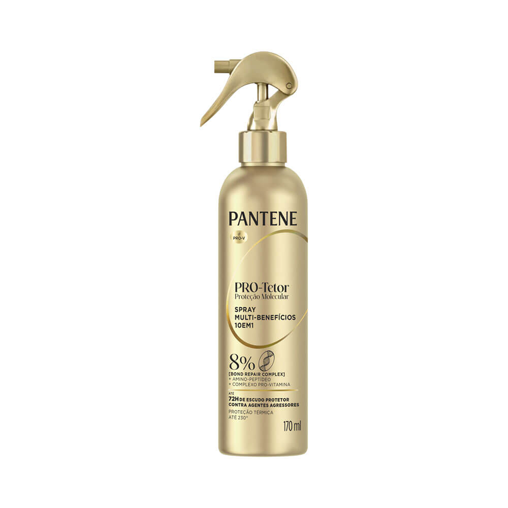 Spray Multi-Benefícios Pantene PRO-Tetor Proteção Molecular em embalagem dourada metálica com 170ml