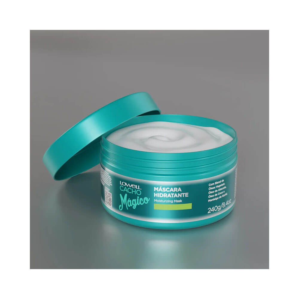 Pote aberto da Máscara Hidratante Lowell Cacho Mágico 240g mostrando creme branco e cremoso