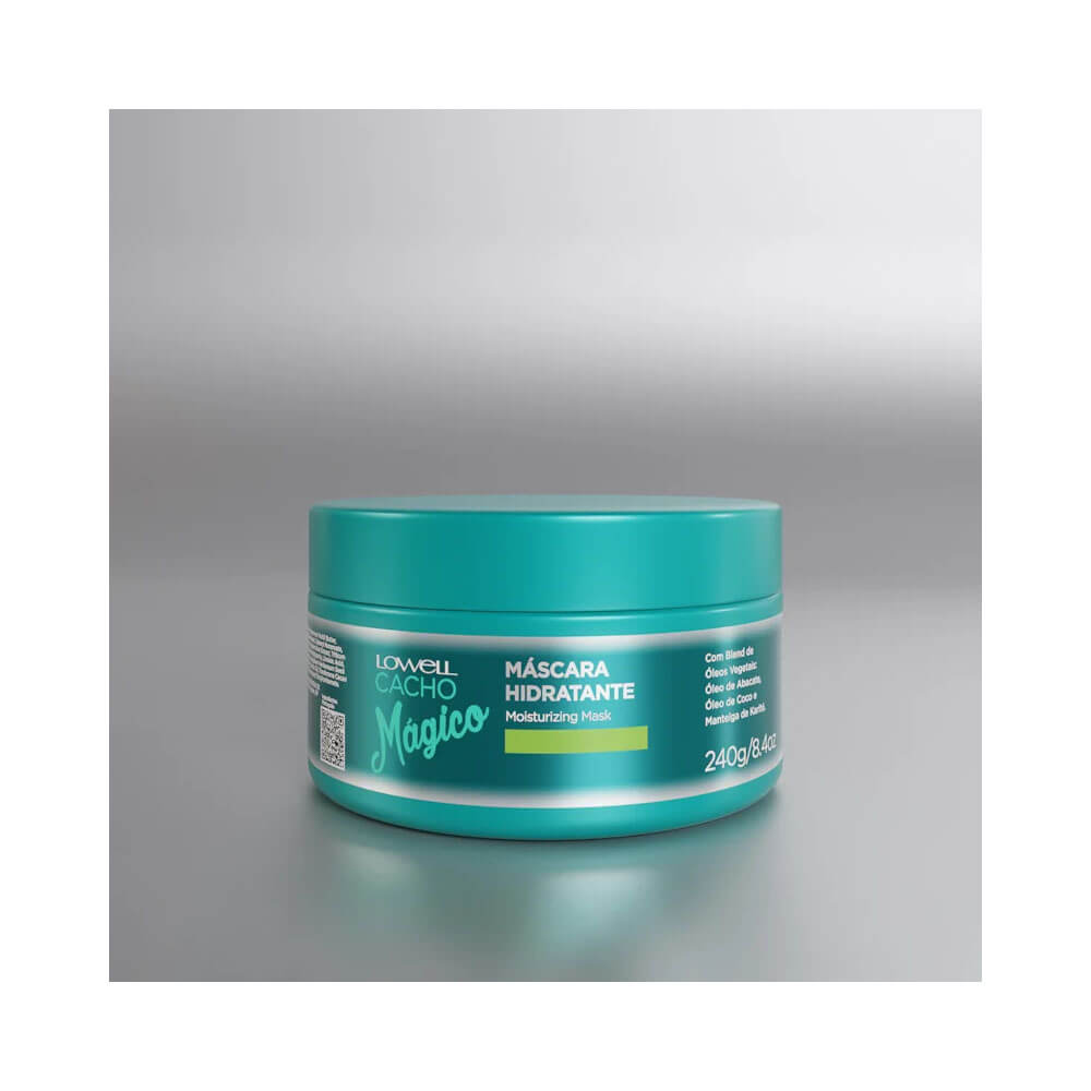 Pote fechado da Máscara Hidratante Lowell Cacho Mágico 240g em fundo cinza