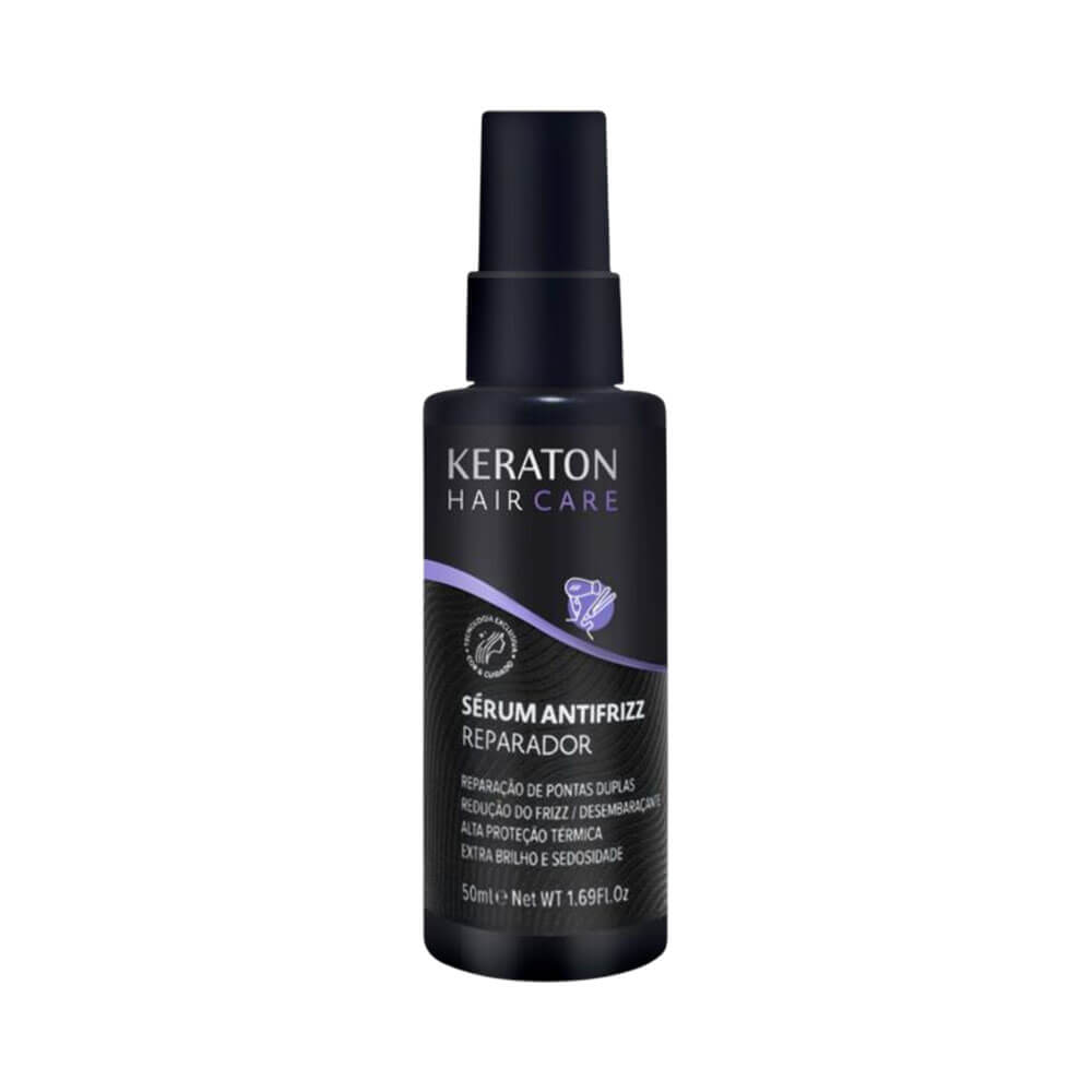 Frasco do Sérum Antifrizz Keraton Reparador 50ml com detalhes lilás e texto branco, fundo branco