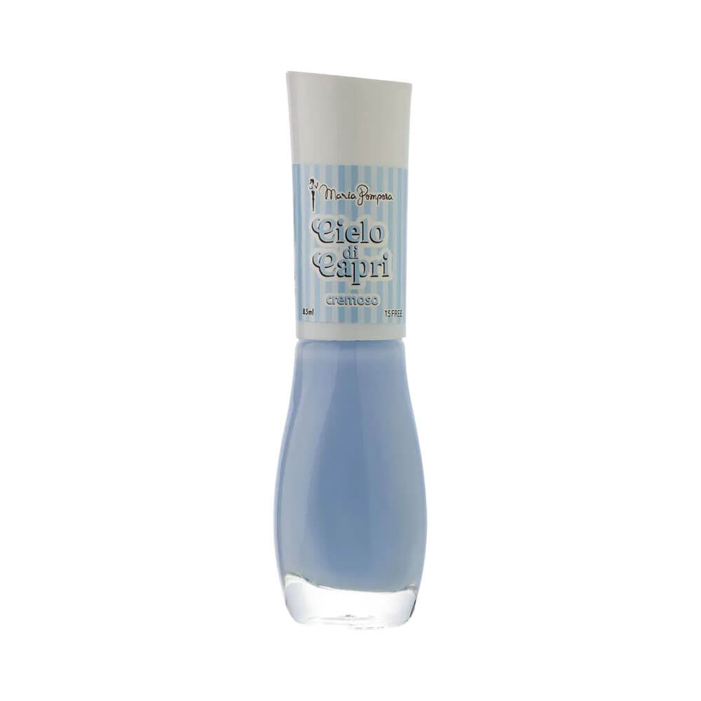 Esmalte Maria Pomposa La Dolce Vita na cor Ciélo di Capri, azul claro cremoso em frasco transparente com tampa branca