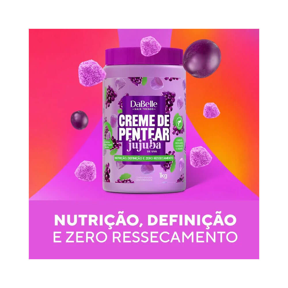 Creme de Pentear DaBelle Jujuba de Uva 1kg flutuando com fundo degradê rosa e laranja