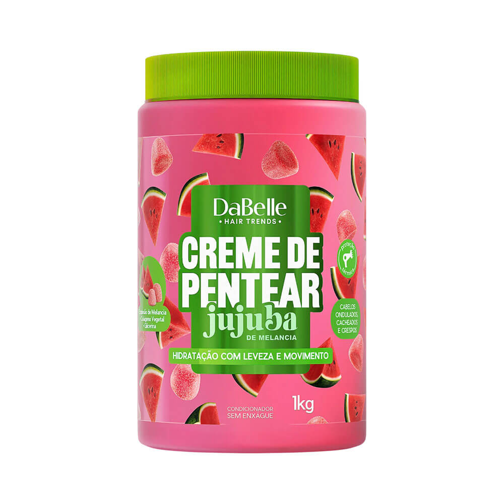Creme de Pentear Dabelle Jujuba de Melancia 1kg em embalagem rosa com tampa verde e ilustrações de melancia e jujubas