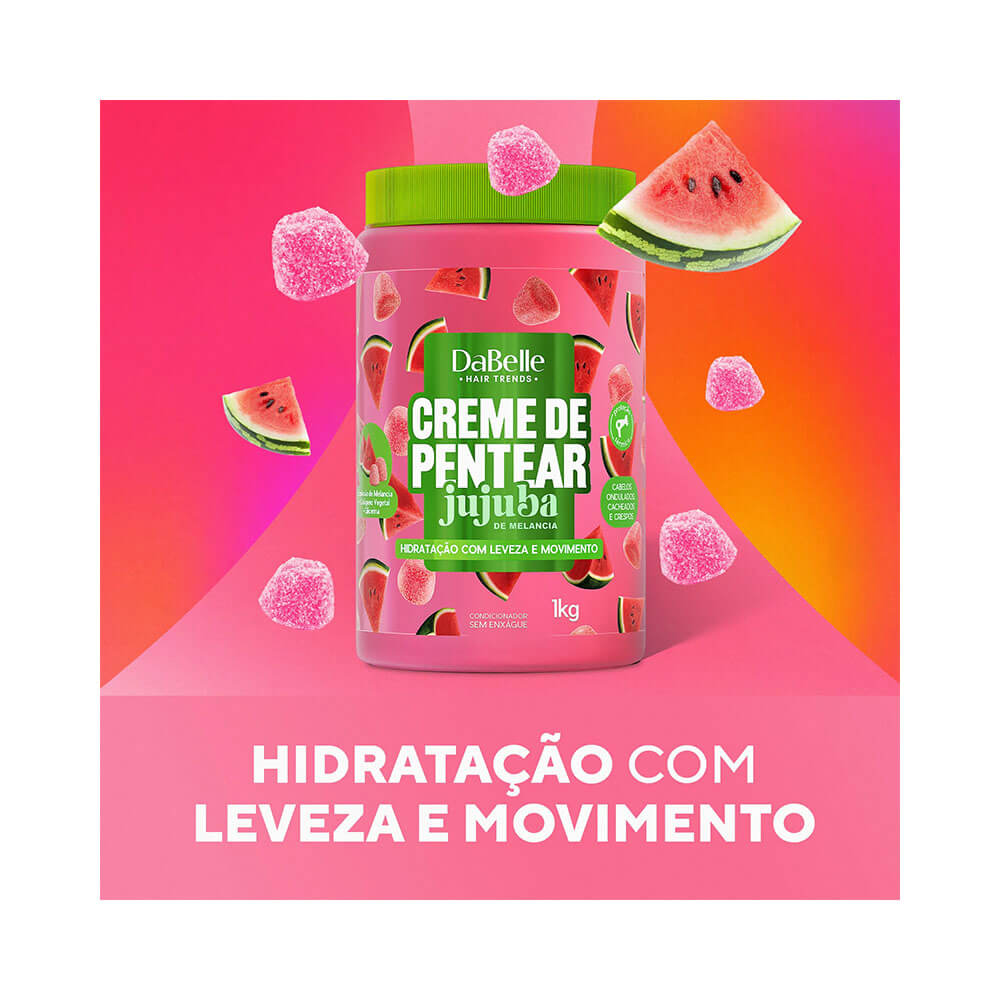 Creme de Pentear Dabelle Jujuba de Melancia 1kg com ilustrações de melancia e jujubas em fundo rosa degradê
